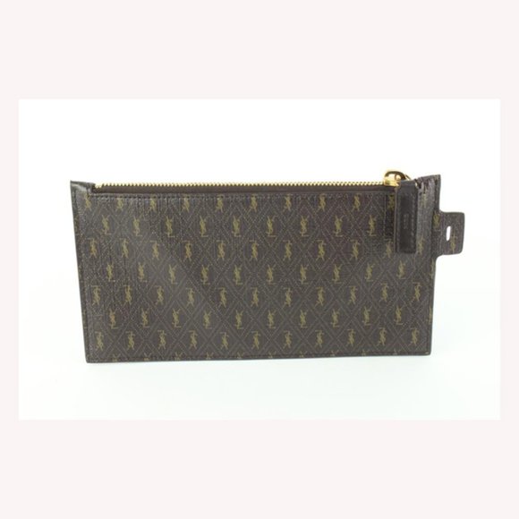 Saint Laurent Dark Brown YSL All Over Zip Pouch 26ys517s - Picture 1 of 12